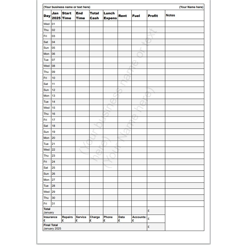 Taxi Driver Print Monthly Planners, 12 Sheets A4 Single Sided January To December 