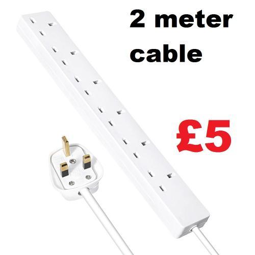 Extension Lead 6 Gang White, 2 Meter Extension Cord 13a Uk Plug, 6 Socket Power Strip For Home Office 