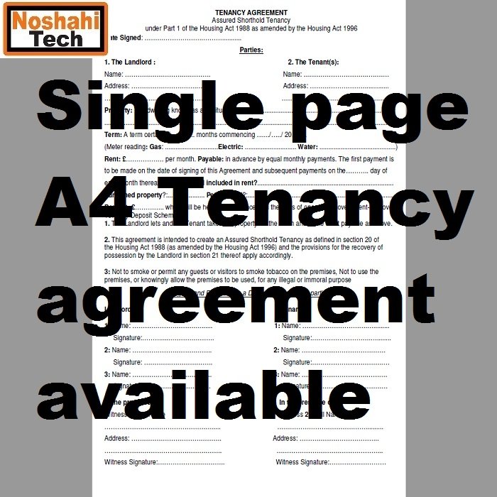 Single Page Tenancy Agreement A4 Printed Black And White Shorthold Unfurnished 