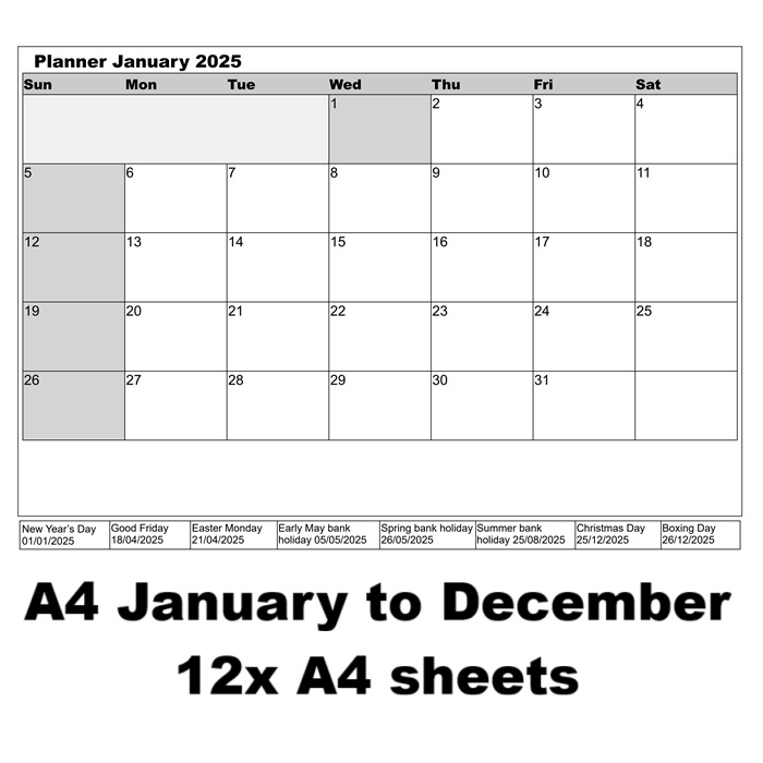 Print A4 Landscape Monthly Planners, 12 Sheets A4 Single Sided January To December 