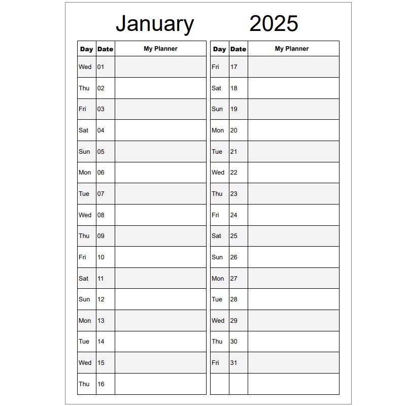 Print A4 Portrait 2 Tables Monthly Planners, 12 Sheets A4 Single Sided January To December 