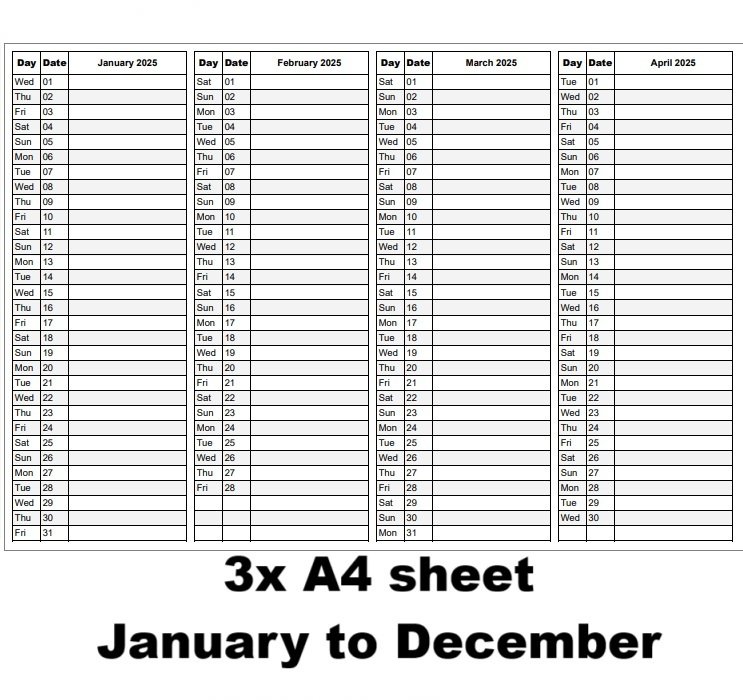 Print A4 Landscape 4 Tables Monthly Planners, 3 Sheets A4 Single Sided January To December 