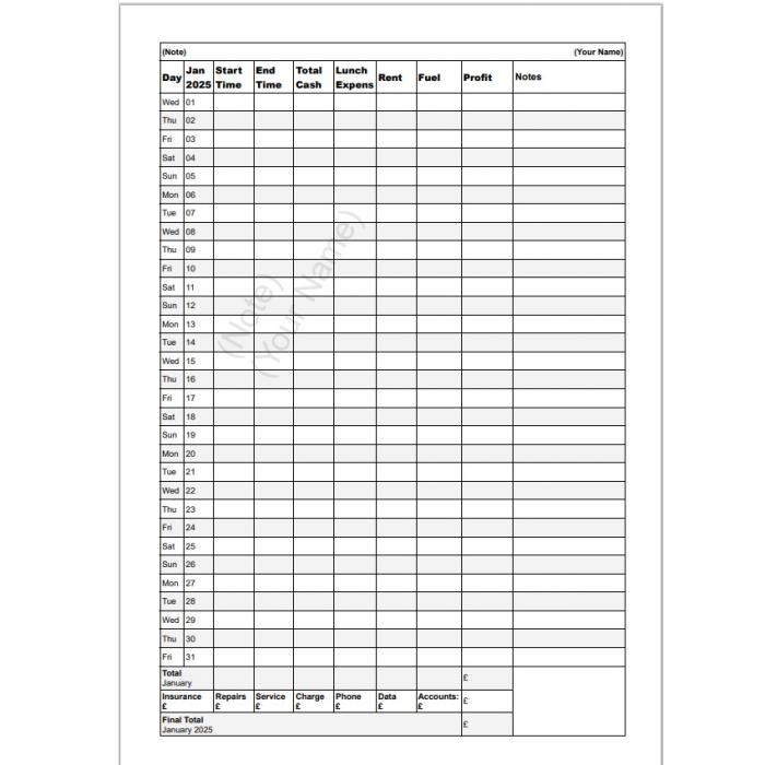 Print A4 Taxi Driver Accounts Monthly Planners, 12 Sheets A4 Single Sided January To December 